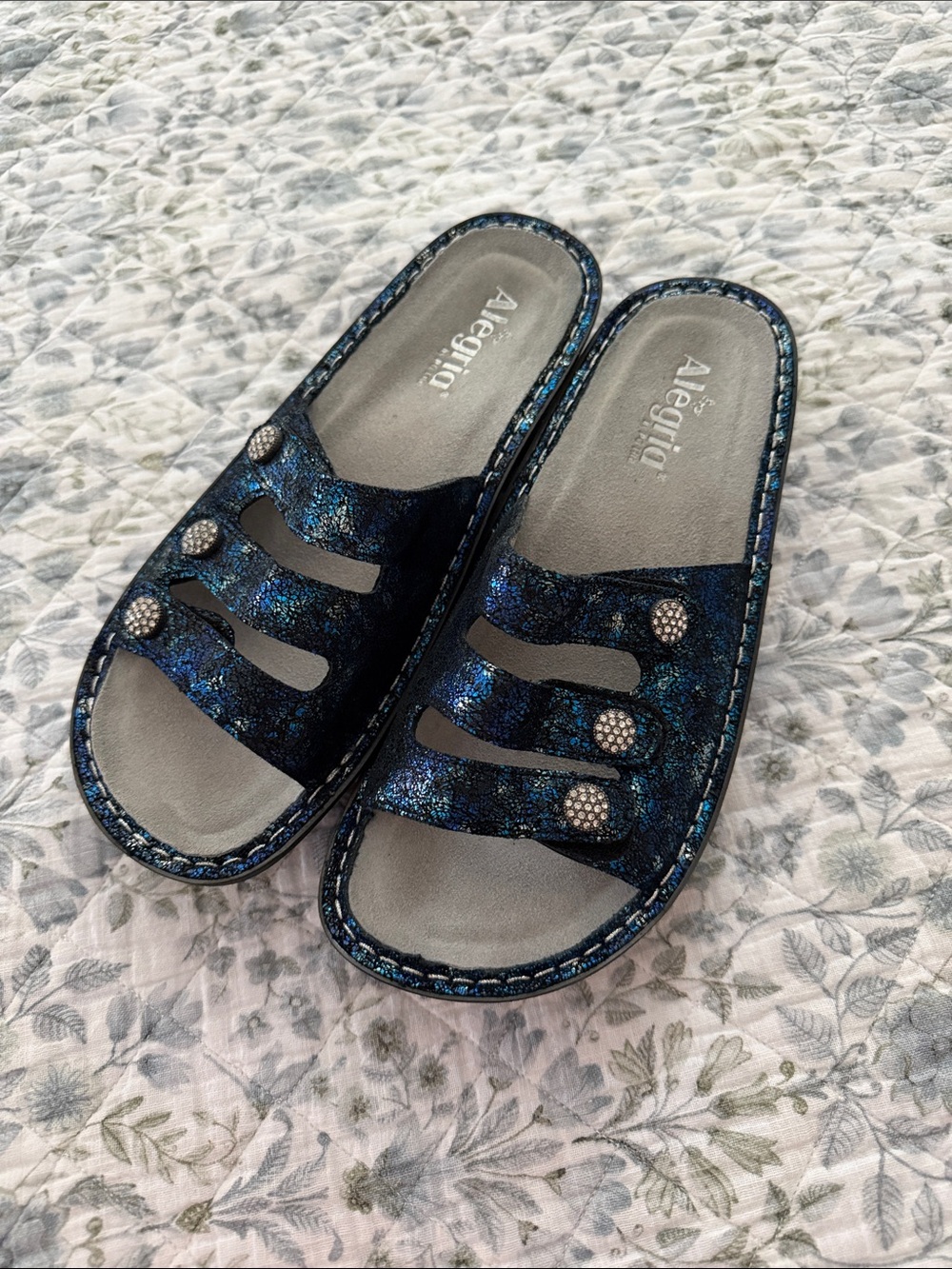 Alegria “Peacock Dazzle” Metallic Slide Sandals with Jewel Buttons